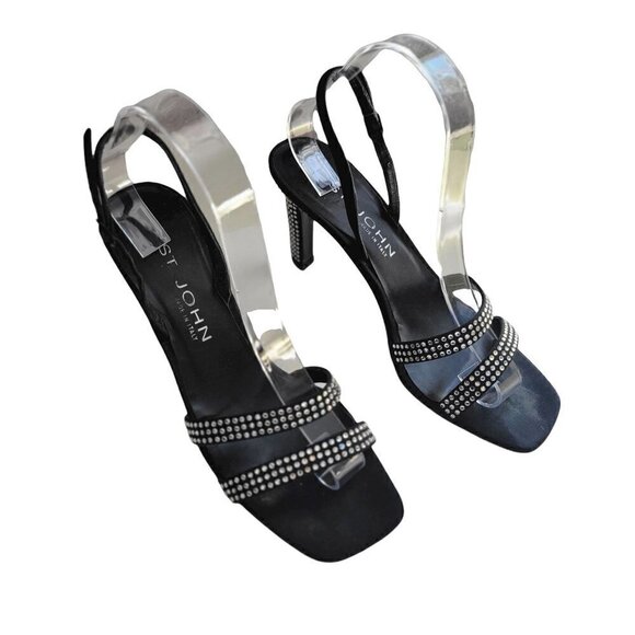St. John Storm Black Crepe & Rhinestone Heels Women Size 8 B - Picture 8 of 14